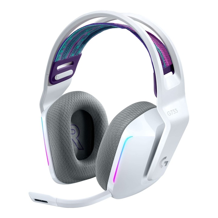 Logitech G733 Lightspeed vezeték nélküli gamer fejhallgató, Lightsync RGB, kék Vo!Ce mikrofontechnológiával, Pro G hangszórókkal, ultrakönnyű, 29 órás akkumulátor-üzemidővel, 20 méteres hatótávolsággal, fehér