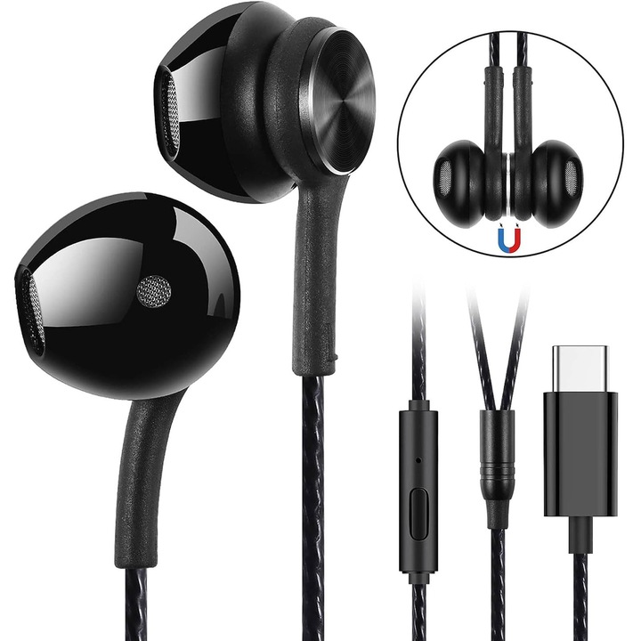 Casti Guuvor Usb C, Casti Sport Magnetice, Casti Intraauriculare De Tip C Cu Microfon, Izolare Fonica, Pentru Iphone 15 Pro, Ipad Pro, Huawei, Samsung, Xiaomi Cu Interfata De Tip C - Negru