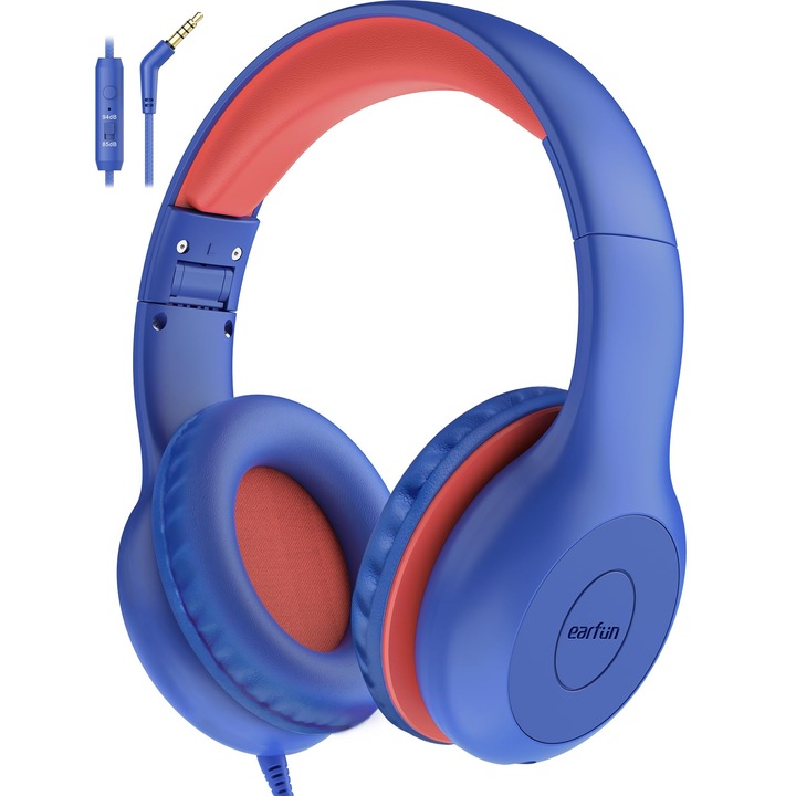 Casti Earfun Pentru Copii, Casti Cu Fir Pentru Copii, Limitator De Volum 85/94Db, Pliabile, Reglabile, Sunet Stereo, Microfon Hd, Partajare Audio, Casti Over-Ear Pentru Copii Pentru Scoala/Calatorii/Pc