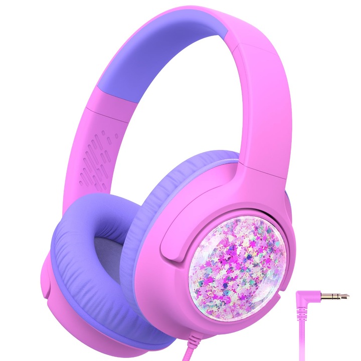 Casti Iclever Pentru Copii, Casti Cu Fir Pentru Copii, Volum Sigur 85Dba, Sunet Stereo, Casti Pliabile Over-Ear Cu Jack De 3, 5 Mm Pentru Ipad, Tablete, Scoala, Calatorii, Sclipici Mov