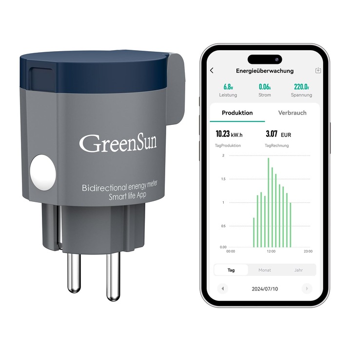 Електромер за контакт - Greensun Външен Wlan контакт, Електромер за балкон, Таймер за електроцентрала, Контакт, Енергомер за мини фотоволтаични панели 2.4 Ghz 16 A