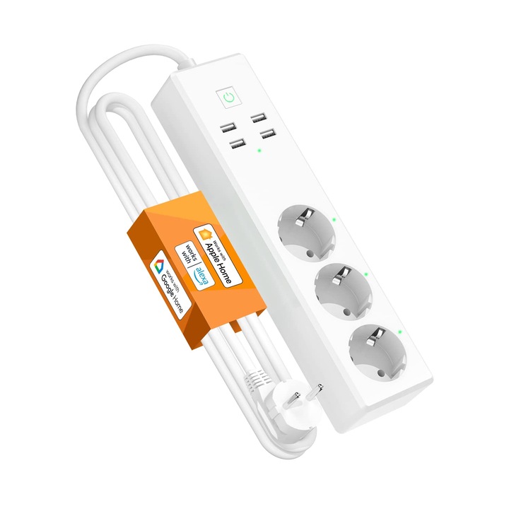Refoss Smart Extension Cord за Homekit, Wifi удължителен кабел с 3 изхода, съвместим с Alexa, Google Home, Wifi Surge Protector с 3 изхода и 4 USB порта, 1.8 м