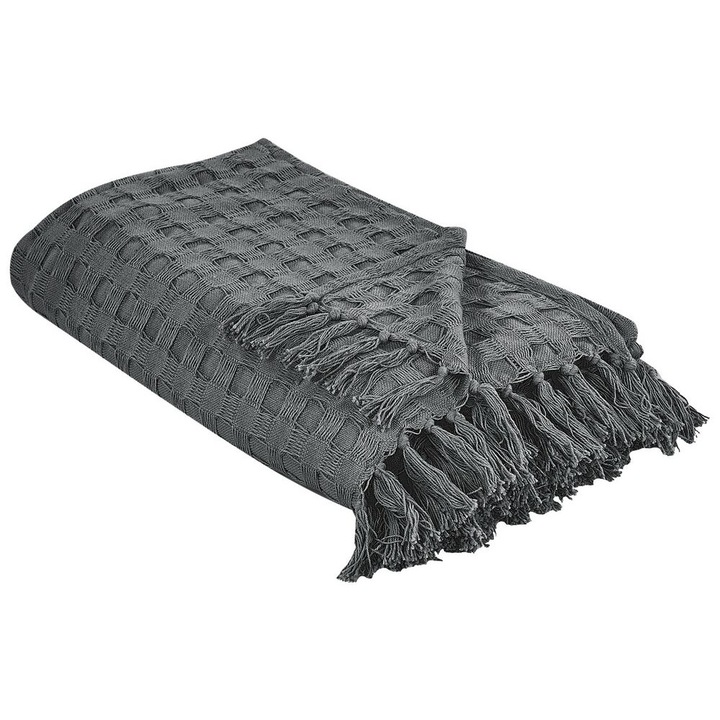 Cuvertura de pat, Beliani, bumbac, design cu franjuri, gri închis, 150x200cm