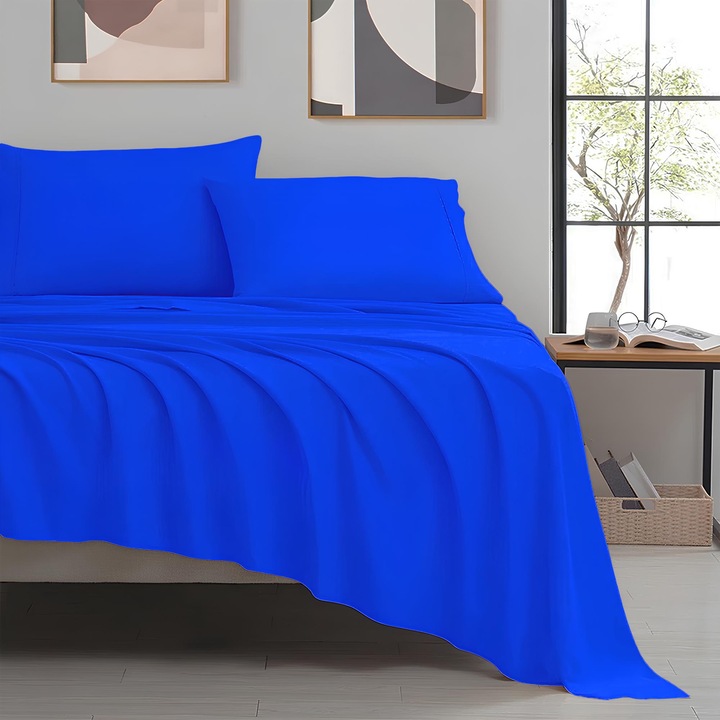 Set de 4 cearsafuri de pat Queen-size, satin de bumbac, 240x260 - 50x70, 600 filamente 100% satin de bumbac, bleumarin (Navy Blue)