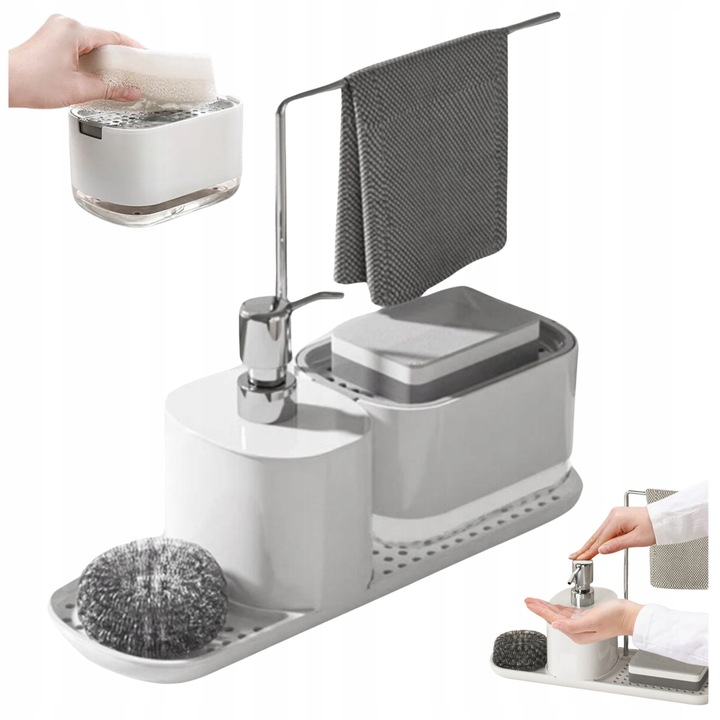 Комплект кухненски органайзери с дозатор, За препарат за миене на съдове, Бял, 31x10.7x10см