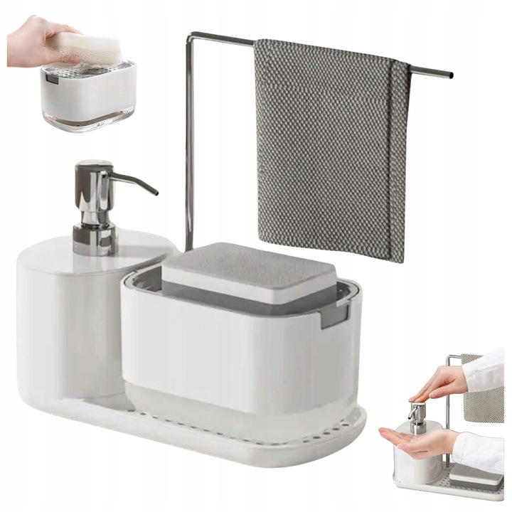 Комплект кухненски органайзер с дозатор за препарат за миене на съдове, бял, 23x10.7x10см