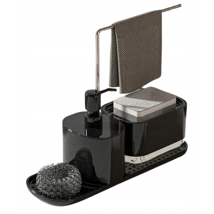 Комплект кухненски органайзери, дозатор за препарат за миене на съдове с помпа, черен, 31x10.7x10см