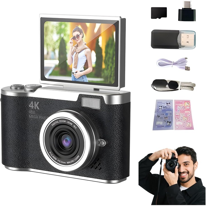 64MP-es 4K digitális kamera, 2,4 hüvelykes LCD kijelző, BIGLISTENING®, 180 fokban kihajtható képernyő, 18x zoom, 64 GB-os SD-kártyával