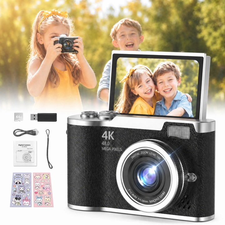 Camera foto digitala 4K, Aparat foto digital pentru copii, display LCD 2.4 inch, BIGLISTENING®, ecran flip 180, zoom 18x, set cu card SD 64G, Negru，Un cadou minunat pentru o zi de nastere, Craciun sau orice alta ocazie speciala
