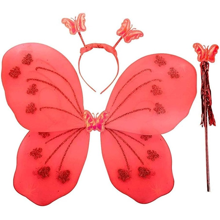 Set fluture, aripi, bagheta, coronita, rosu, Funny Party Team®