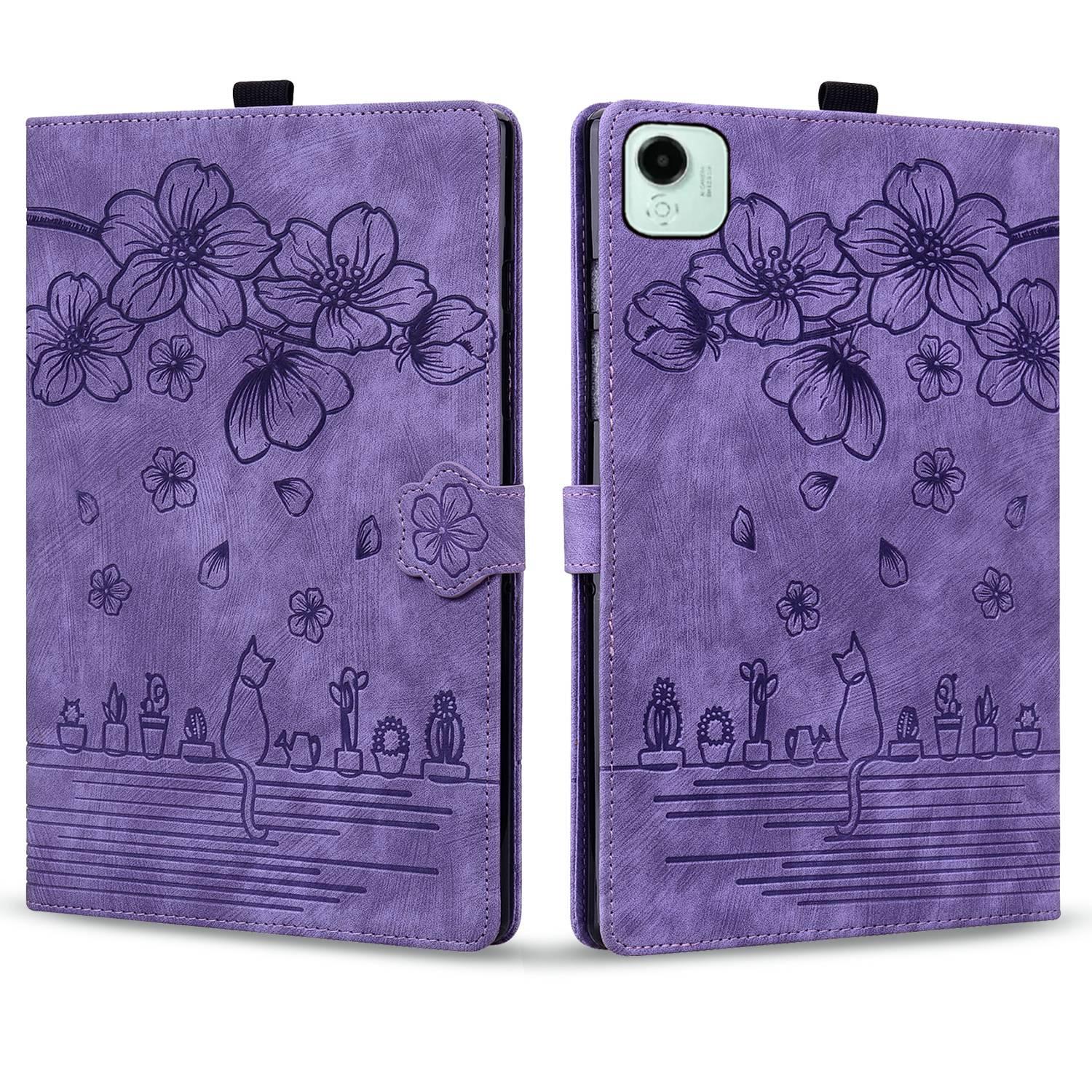 Husa tableta pentru Honor Pad X9a / X9 Pro, model cartoon cu motive de cirese si pisici, din piele gravata, culoare mov