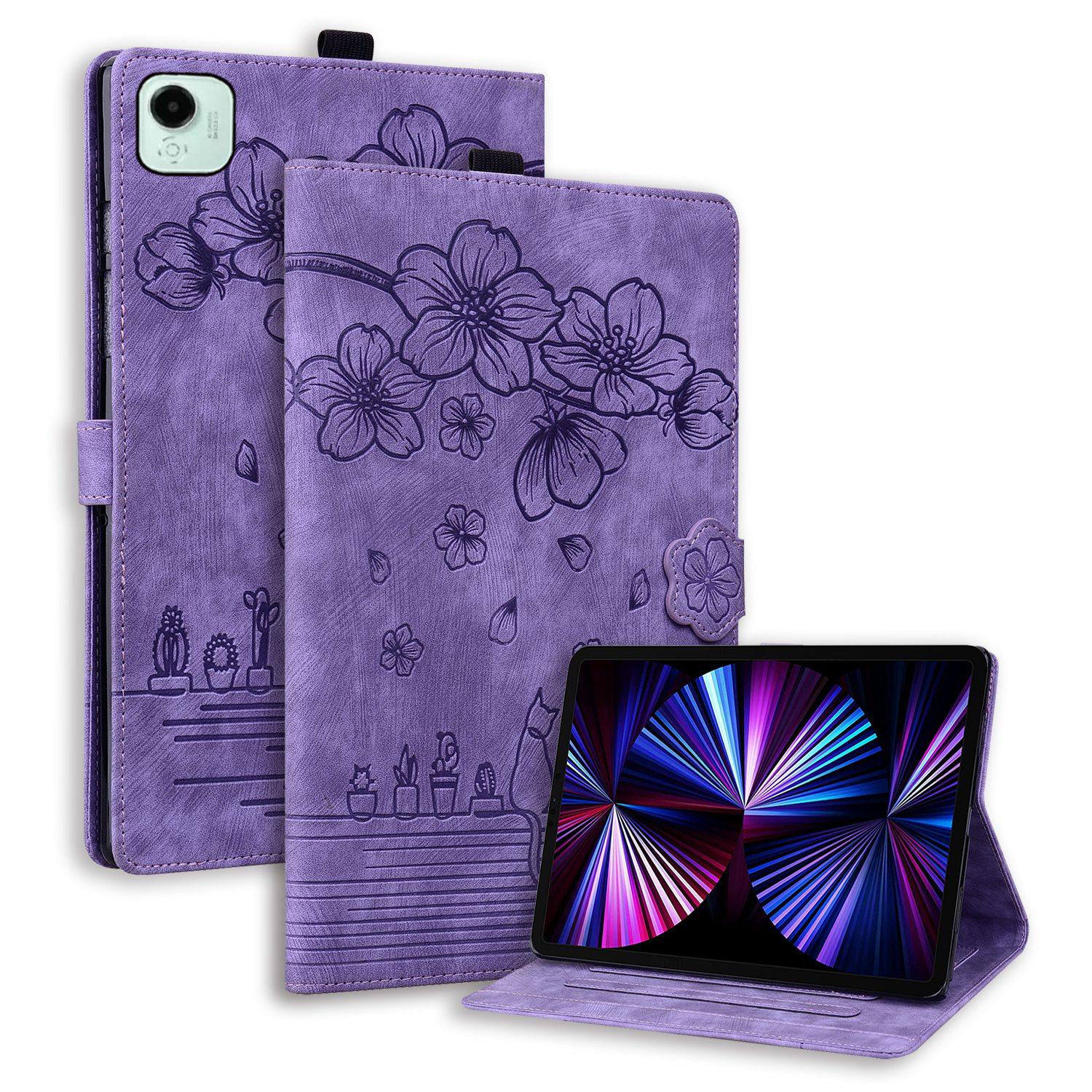 Husa tableta pentru Honor Pad X9a / X9 Pro, model cartoon cu motive de cirese si pisici, din piele gravata, culoare mov