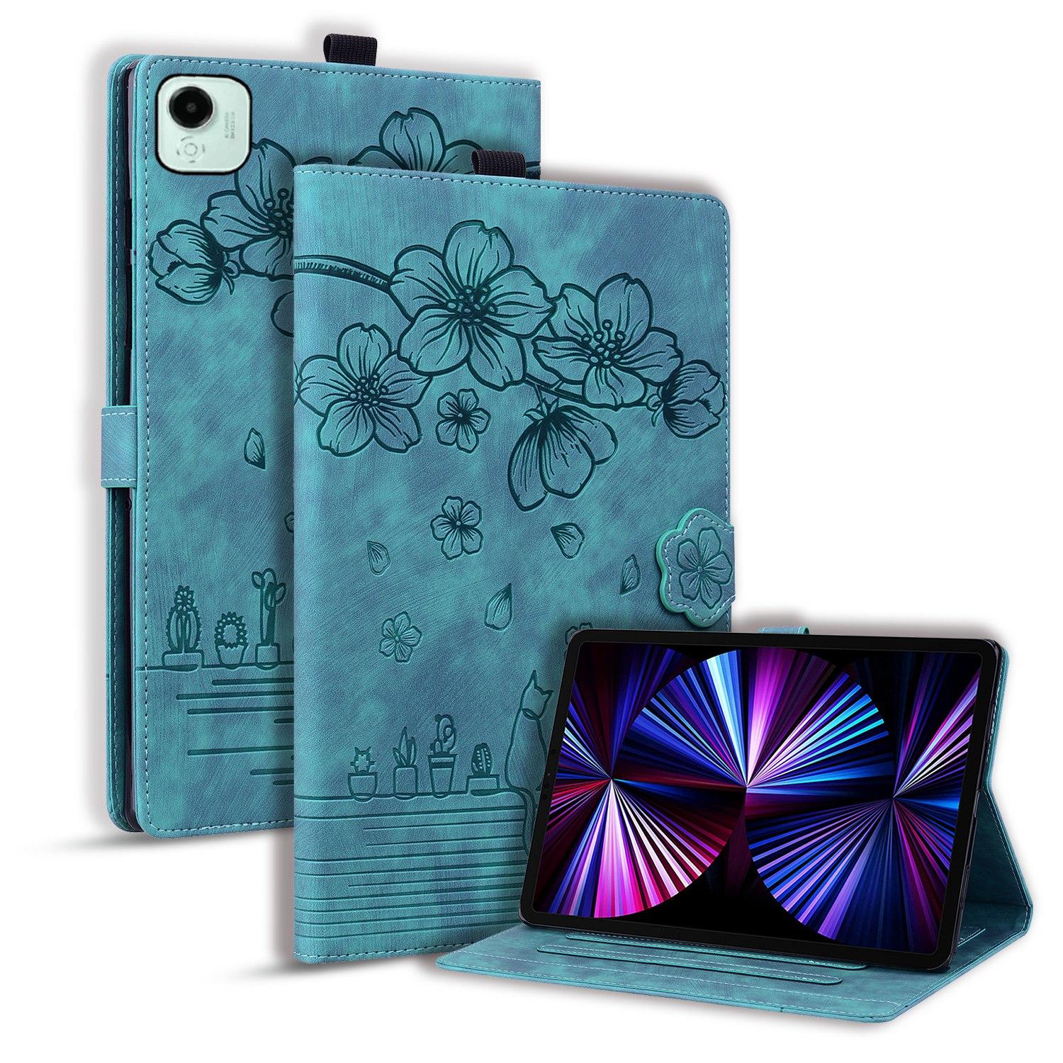 Husa tableta pentru Honor Pad X9a / X9 Pro, piele gravata cu pisici si flori de cires, capac magnetic, verde