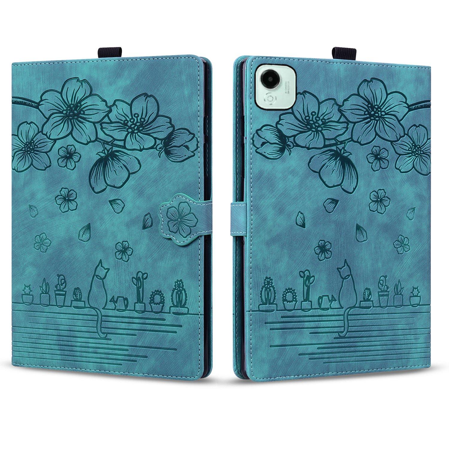 Husa tableta pentru Honor Pad X9a / X9 Pro, piele gravata cu pisici si flori de cires, capac magnetic, verde
