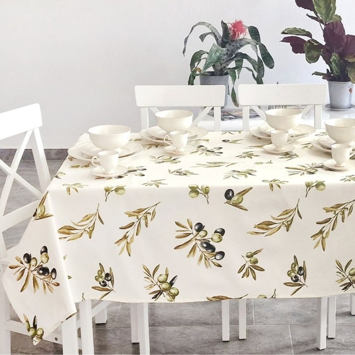 Lenzerii Deosebite Kerek, teflonnal bevont terítő, 100% pamut, 140 cm átmérőjű, olajlevél mintával