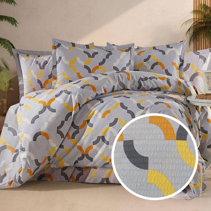 Lenjerie pat dublu extra large Creponata 100% Bumbac, cearsaf pat 240x260 cm, pilota 200x230 cm, 2 fete perna 50x70 cm, Gri, Pucioasa