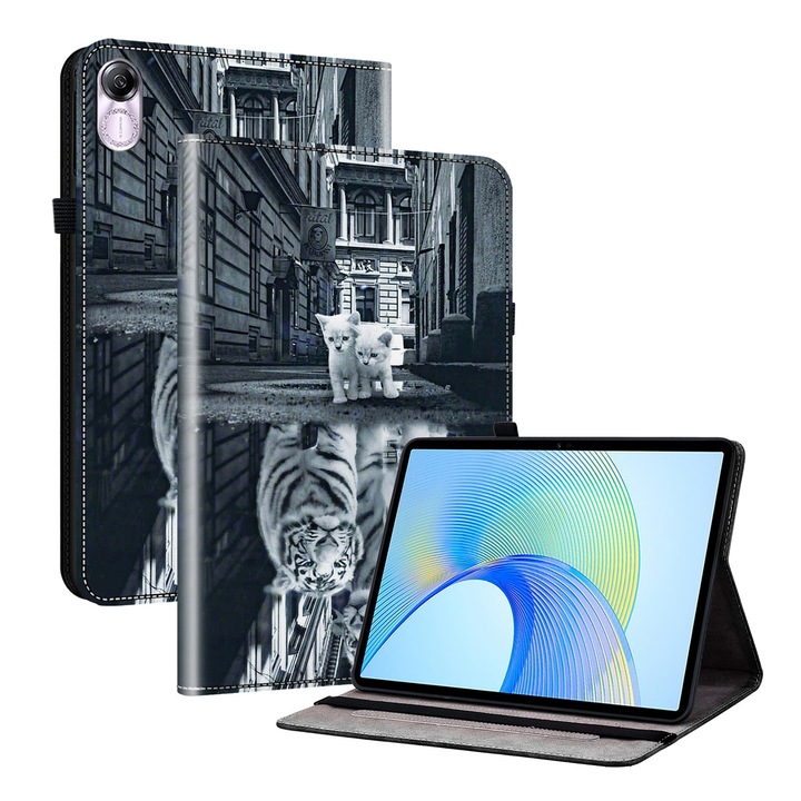 Калъф за таблет Honor Pad X8 Pro / X9 2023, кристално текстурирана кожа с рисунка, закопчаване с флип (отражение на тигрова котка)