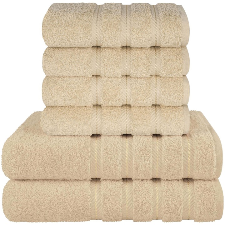Set 6 Prosoape Premium Daveza, 600 GSM, 2 Prosoape de Baie 70×140 cm, 4 Prosoape de Maini si Fata 50×90 cm, 100% Bumbac Turcesc, Set Prosoape Bej