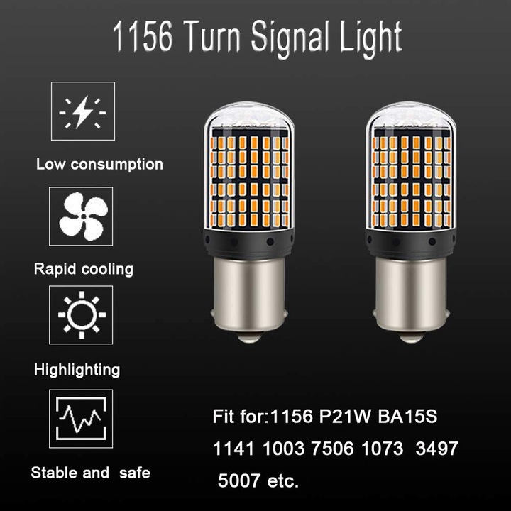 Set 2 becuri LED PsAyl 1156 BA15S 144 SMD galbene 2800 lumeni 2.17x0.79 ...
