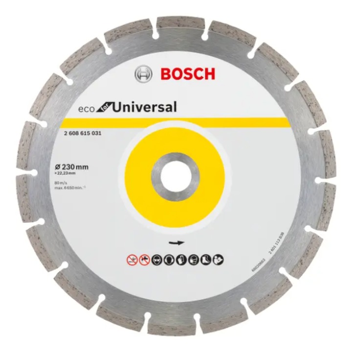 Disc diamantat, cu segmente, pentru debitare beton / granit / zidarie, Bosch Universal, 230 x 22.23 x 2.6 mm