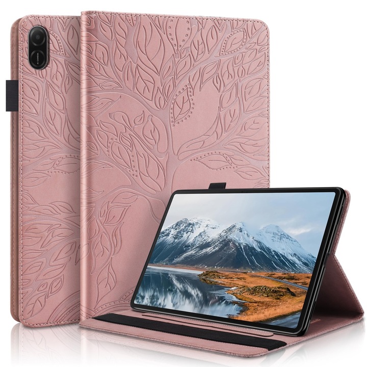 Husa tableta pentru Honor Pad X8a, serie Tree Life, din piele gravata, roz aurie