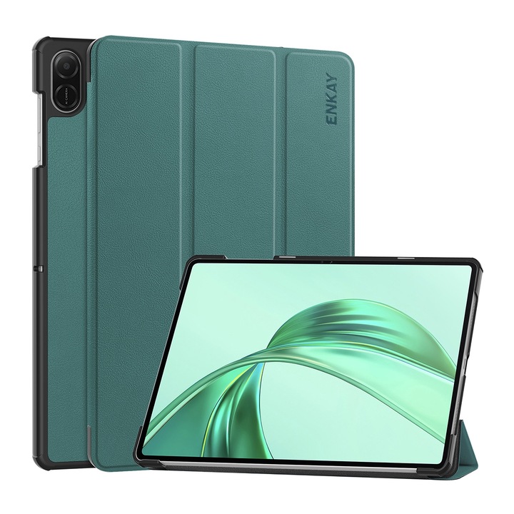 Husa tableta pentru Honor Pad X8a 11 ENKAY, textura piele tri-fold, protectie cu model Custer (verde inchis)
