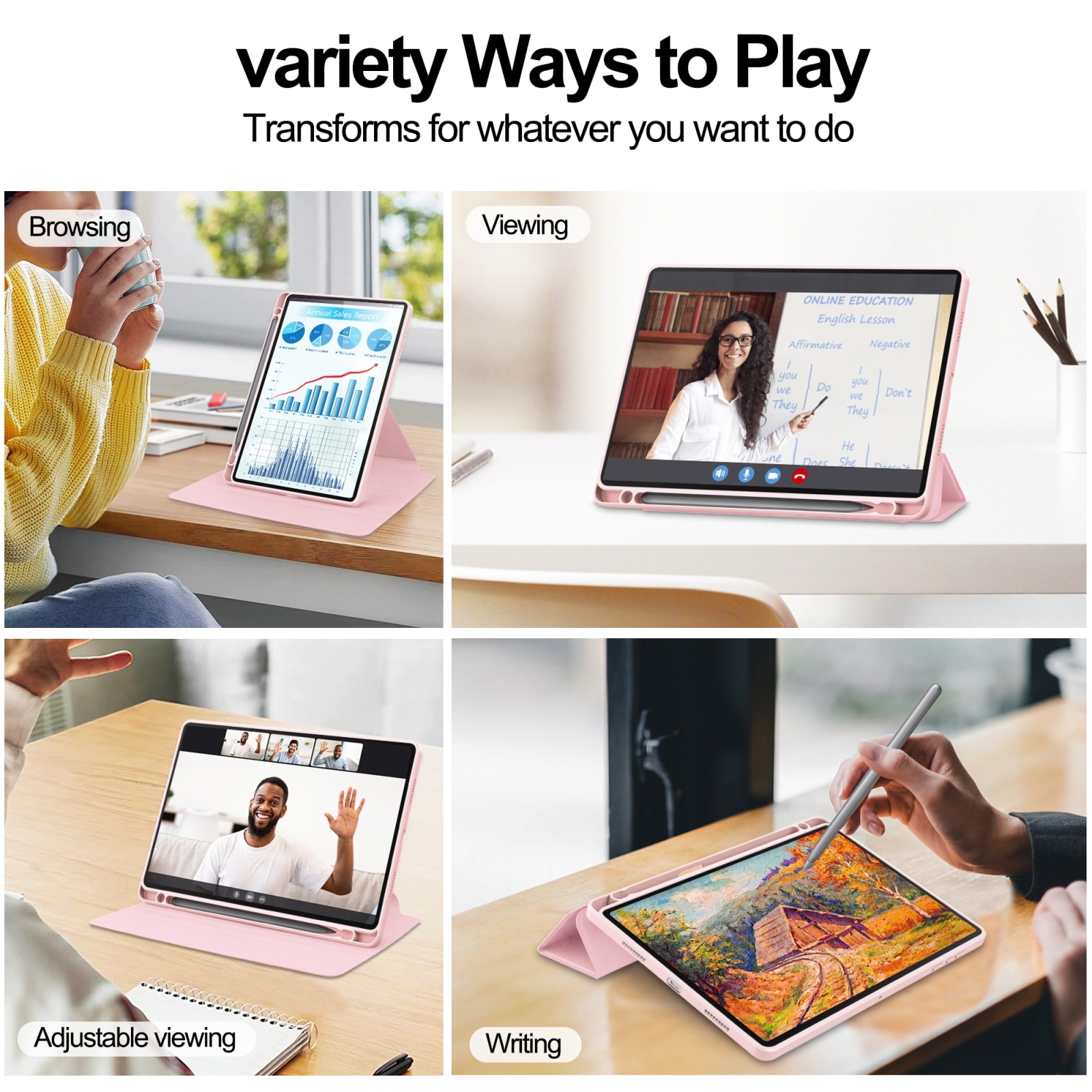 Husa tableta pentru Honor Pad X8a, piele, capac tip carte cu suport, rotire 360°, roz