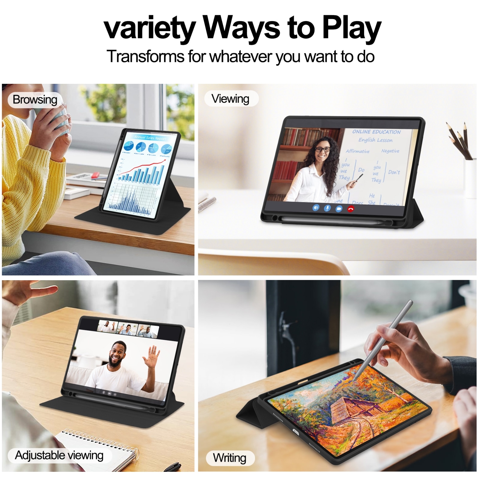 Husa tableta pentru Honor Pad X8a, piele rotativa tri-fold, suport, inchidere magnetica, negru