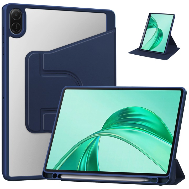 Husa tableta pentru Honor Pad X8a, piele PU + TPU, tip carte cu suport rotativ, inchidere magnetica, albastru inchis