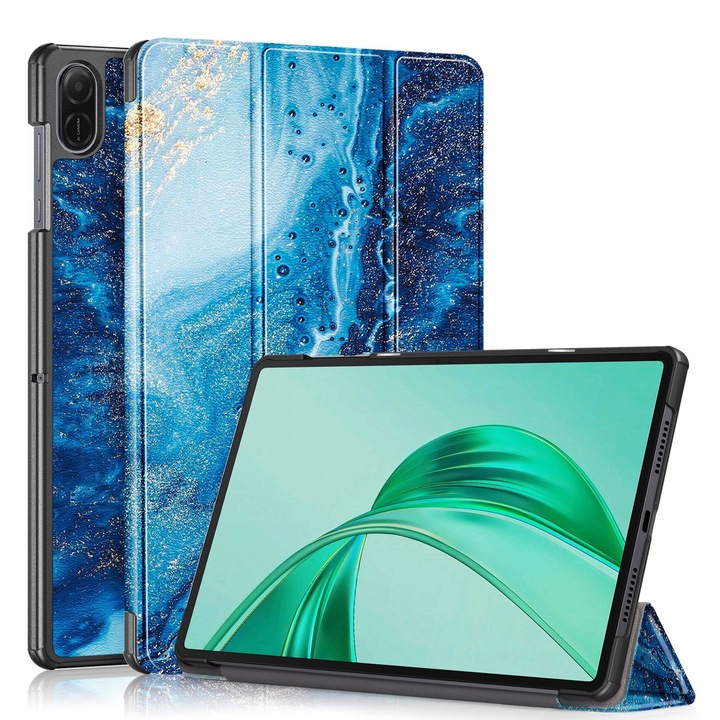 Husa tableta pentru Honor Pad X8a, piele pictata, tip carte cu 3 pliuri, inchidere magnetica, suport, albastru cu desene de valuri