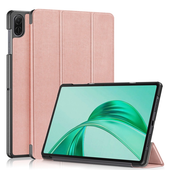 Husa tableta pentru Honor Pad X8a, piele pure color, tip carte cu trei pliuri, roz aurie
