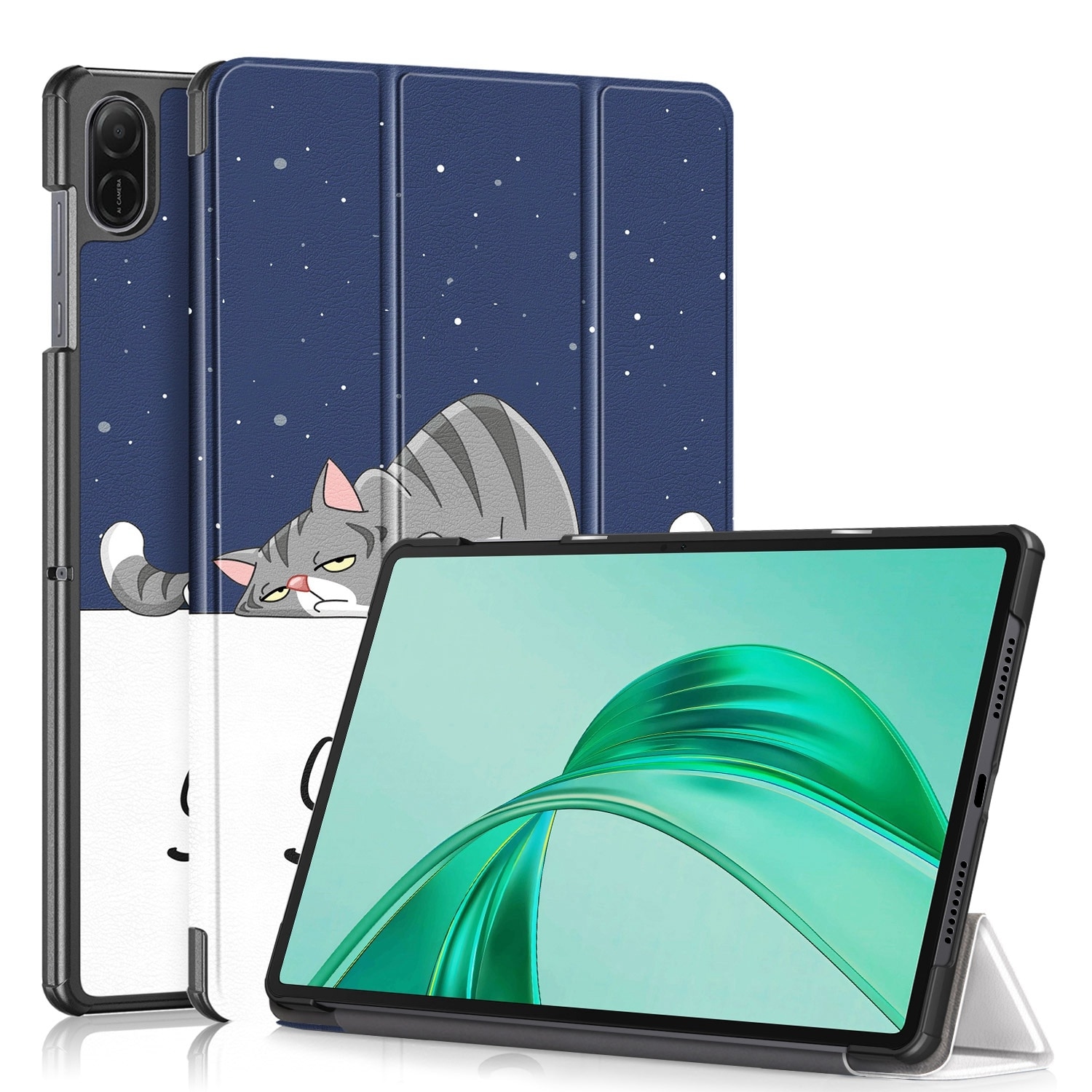 Husa tableta pentru Honor Pad X8a, piele cu pictura Custer, tip carte cu 3 pliuri, desen de pisica lenesa, inchidere magnetica, albastru inchis