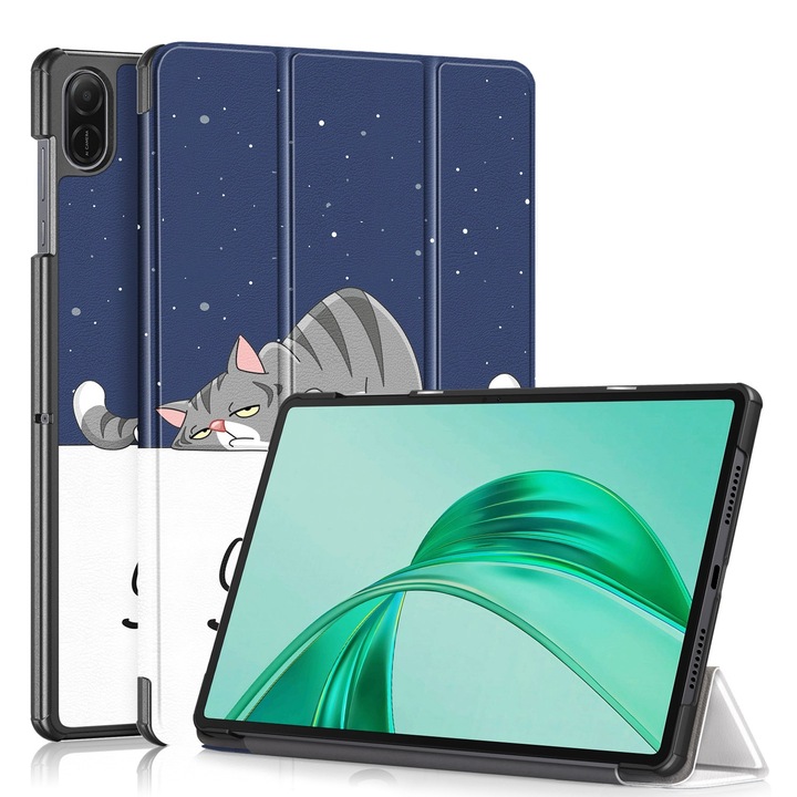 Husa tableta pentru Honor Pad X8a, piele cu pictura Custer, tip carte cu 3 pliuri, desen de pisica lenesa, inchidere magnetica, albastru inchis