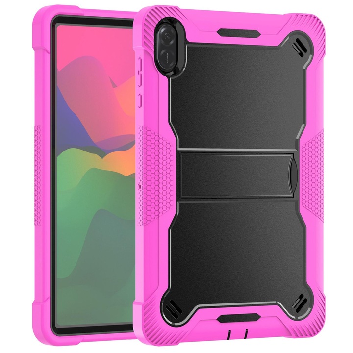 Husa tableta pentru Honor Pad X8a, silicon + PC, tip hibrid antishock, cu suport, negru + rosu roz
