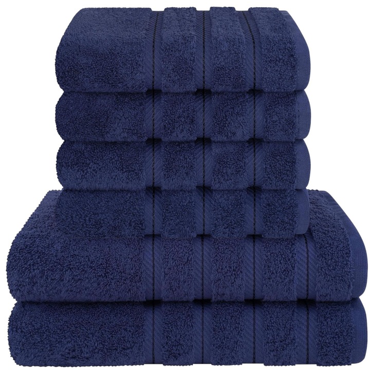 Комплект от 6 първокласни кърпи Daveza, 600 г/м², 2 кърпи за баня 70x140 см, 4 кърпи за ръце и лице 50x90 см, 100% турски памук, комплект кърпи в тъмносин цвят