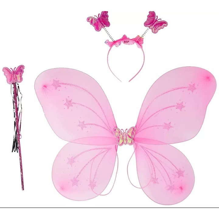 Set fluture, aripi, bagheta, coronita, roz, Funny Party Team®