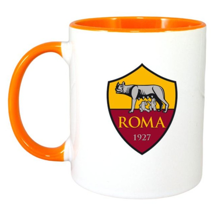 Cana cu logo/stema echipei de fotbal AS Roma Italia, Cri-Flo, Ceramica, 330ml, Maner si interior Portocaliu