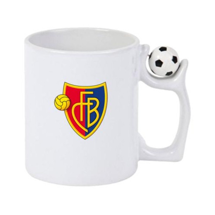 Cana cu logo/stema echipei de fotbal Fc Basel Elvetia, Cri-Flo, Ceramica, 330ml, Minge rotativa antistres, Maner si interior Alb-Negru