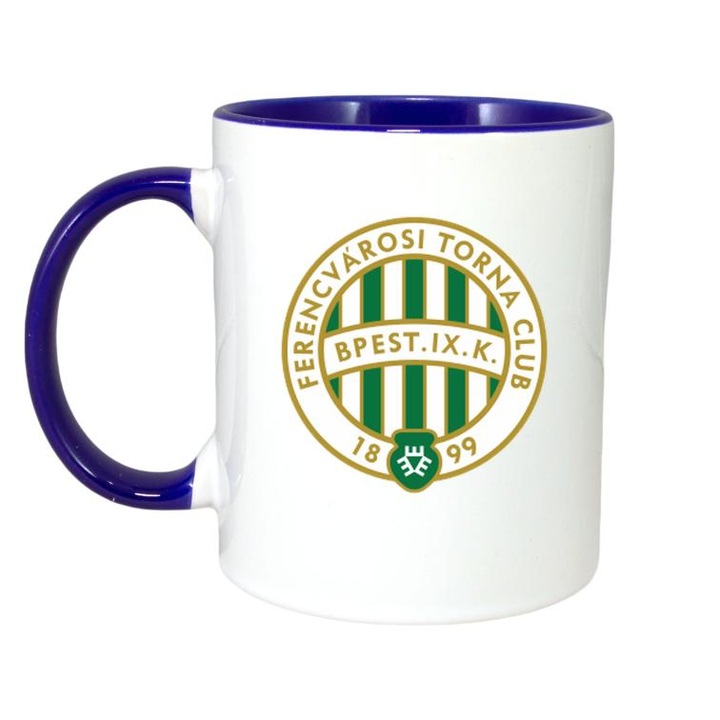 Cana cu logo/stema echipei de fotbal Ferencvaros TC Ungaria, Cri-Flo, Ceramica, 330ml, Maner si interior Albastru