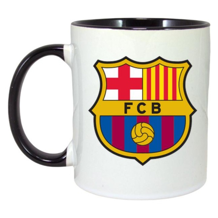 Cana cu logo/stema echipei de fotbal FCB Spania, Cri-Flo, Ceramica, 330ml, Maner si interior Negru