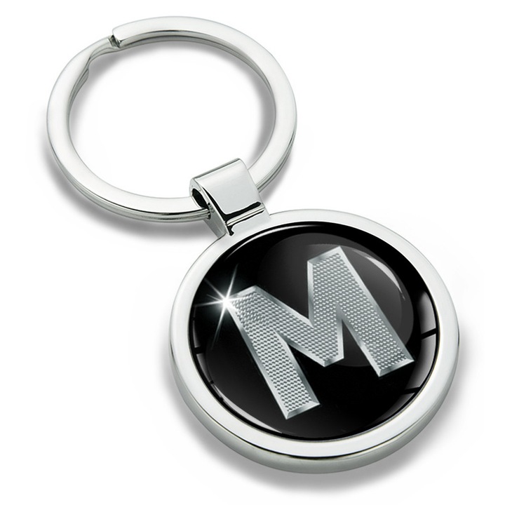 Breloc metalic cu cutie cadou, Biomar Labs, Litera M, AZ, unisex, 3D, Argintiu/Negru, KK 13