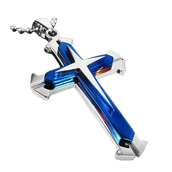 Férfi keresztes nyaklánc, TREXORA, ötvözet, ezüst/kék