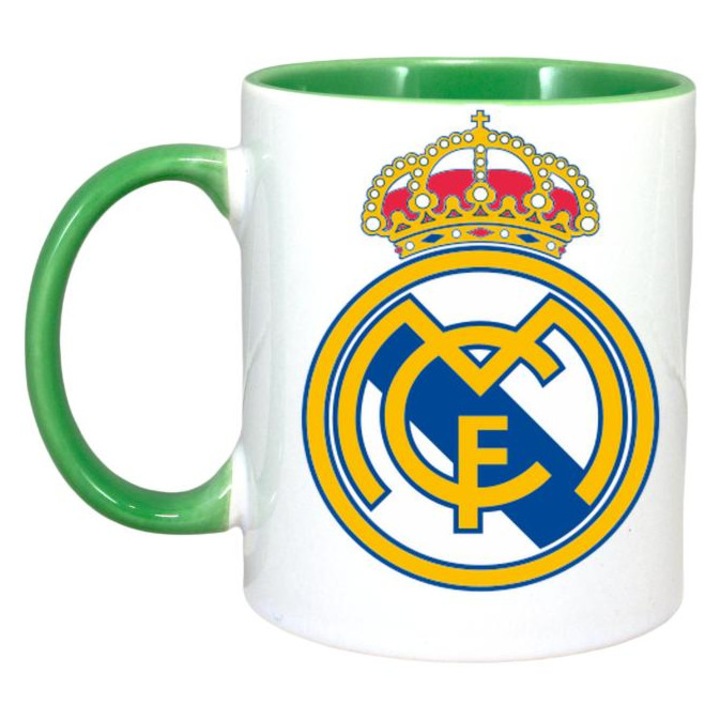 Cana cu logo/stema echipei de fotbal Real Madrid CF Spania, Cri-Flo, Ceramica, 330ml, Maner si interior Verde