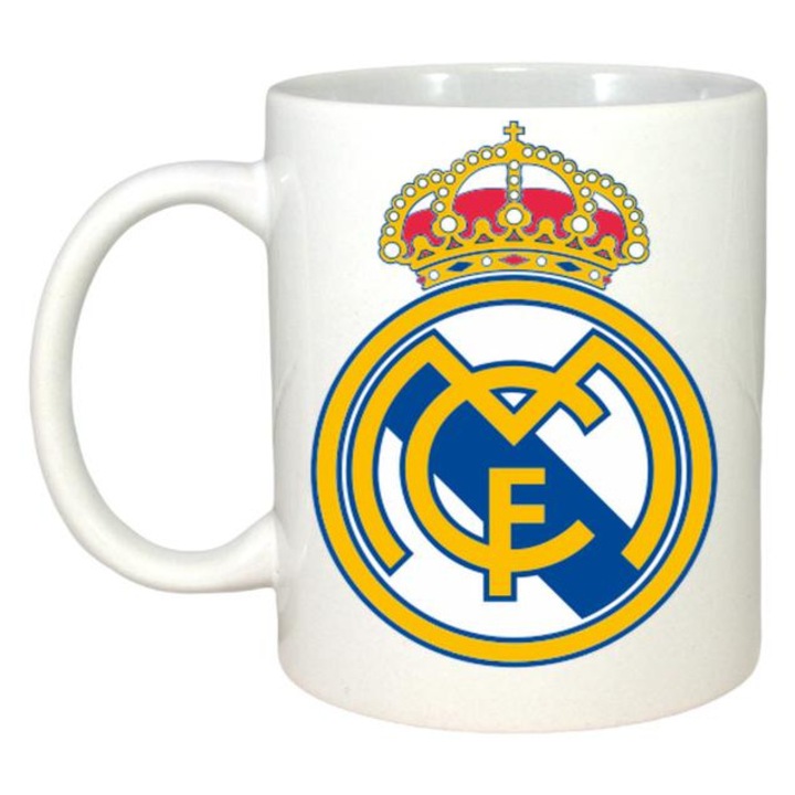 Cana cu logo/stema echipei de fotbal Real Madrid CF Spania, Cri-Flo, Ceramica, 330ml, Maner si interior Alb
