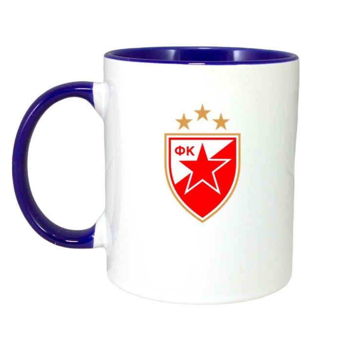 Cana cu logo/stema echipei de fotbal Red Star Belgrade Serbia, Cri-Flo, Ceramica, 330ml, Maner si interior Albastru