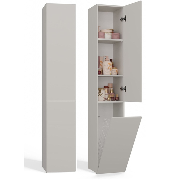 Dulap baie NEL IV, usi lungi si cos pentru rufe, 174 x 31 x 31 cm, bej casmir