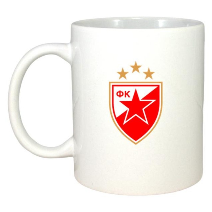 Cana cu logo/stema echipei de fotbal Red Star Belgrade Serbia, Cri-Flo, Ceramica, 330ml, Maner si interior Alb