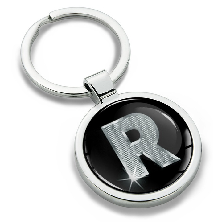 Breloc metalic, Biomar Labs, Litera R, Argintiu/Negru