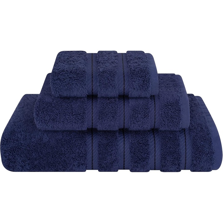Комплект от 3 първокласни кърпи Daveza, 600 г/м², 1 кърпа за баня 70x140 см, 1 кърпа за лице 50x90 см, 1 кърпа за ръце 30x50 см, 100% турски памук, тъмносин комплект кърпи