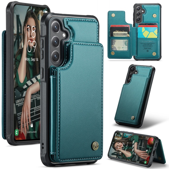 Husa pentru Samsung Galaxy S25 FE, CaseMe, piele cu textura moale si aderenta in mana, back cover, slot carduri, functie stand, protectie RFID, Verde